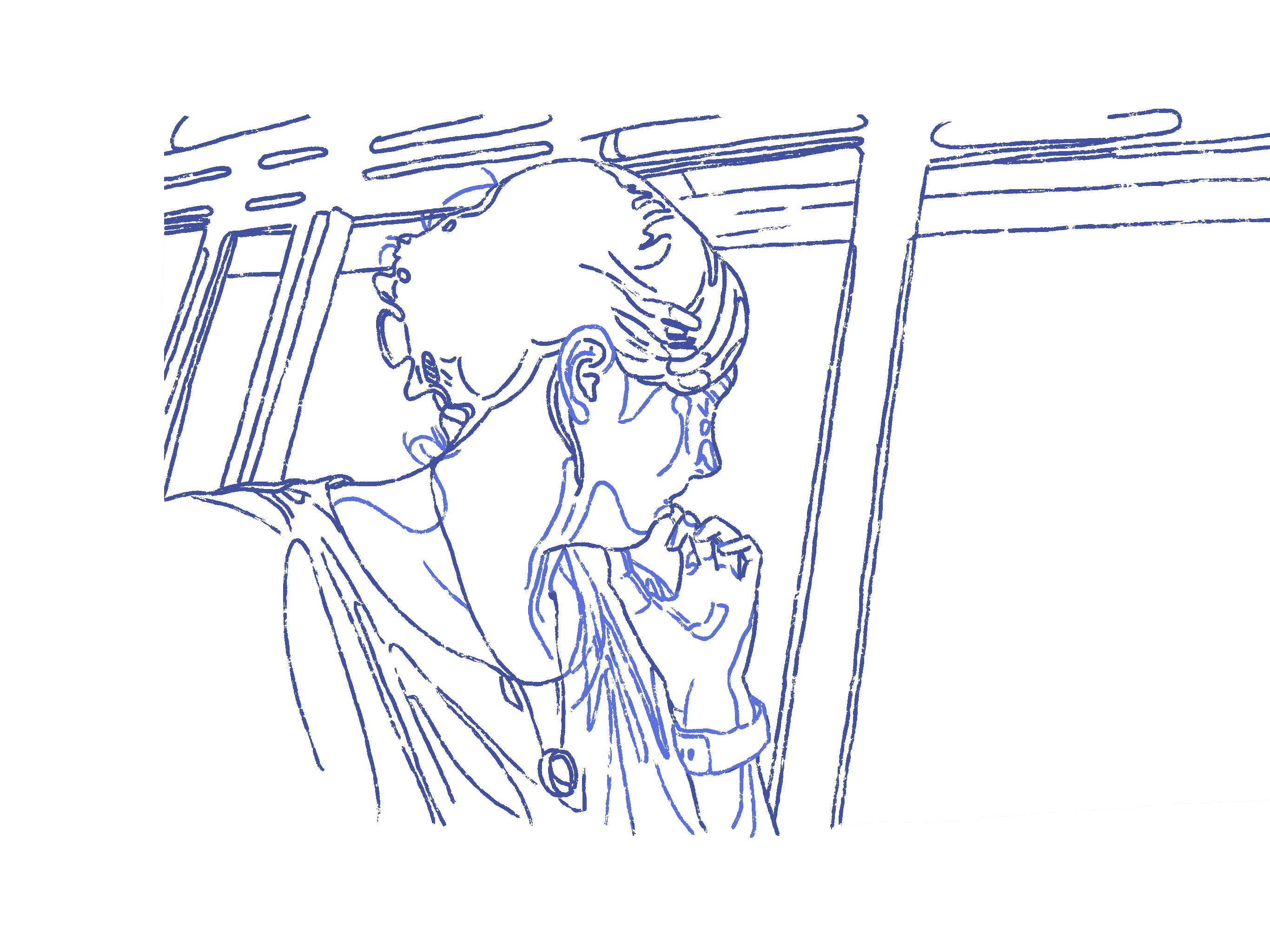 Sketched portrait of Shannon at a window, looking out over Tokyo