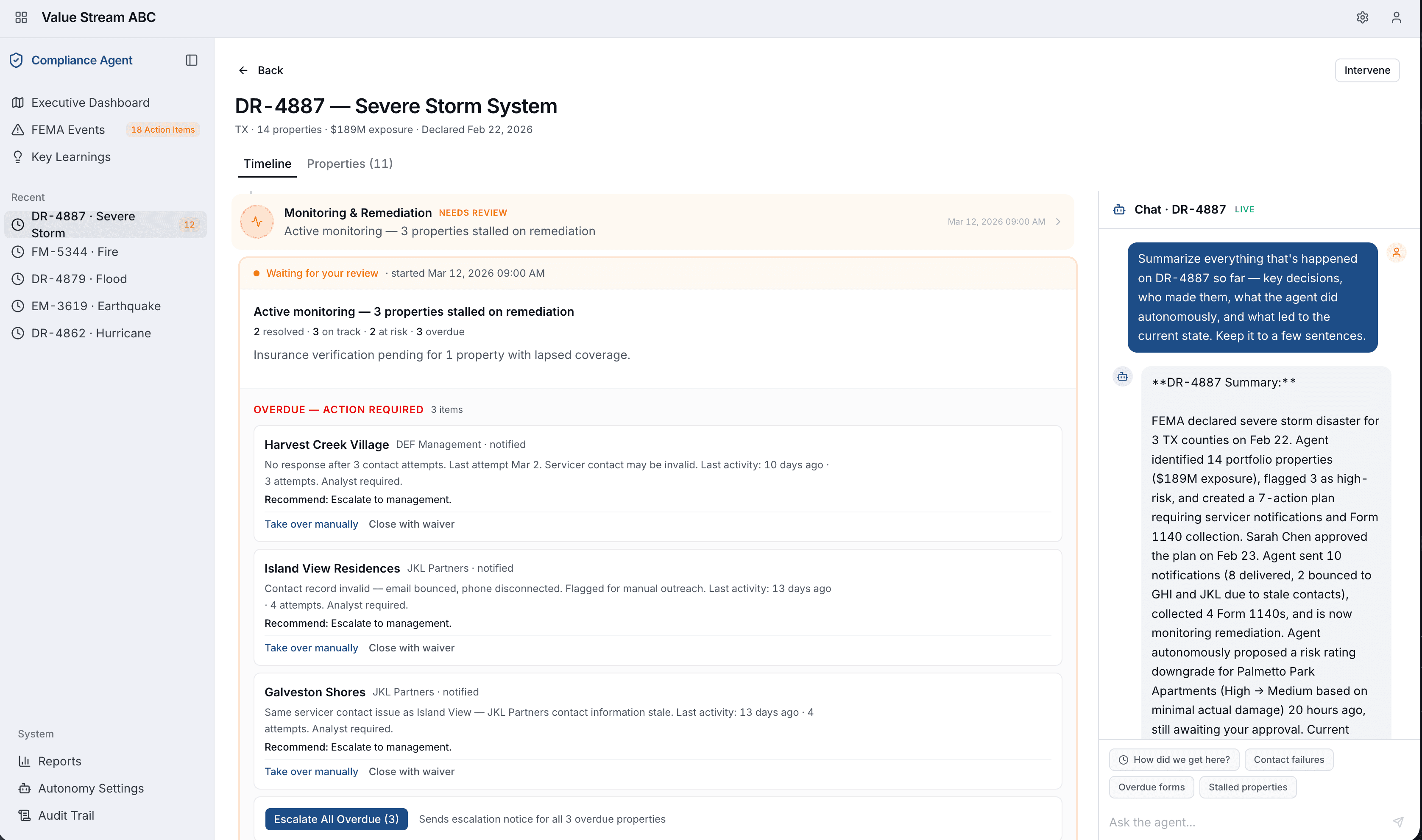 DR-4887 event response with chat panel showing agent summary of all decisions and actions taken, with context-aware prompt buttons: How did we get here, Contact failures, Overdue forms, Stalled properties