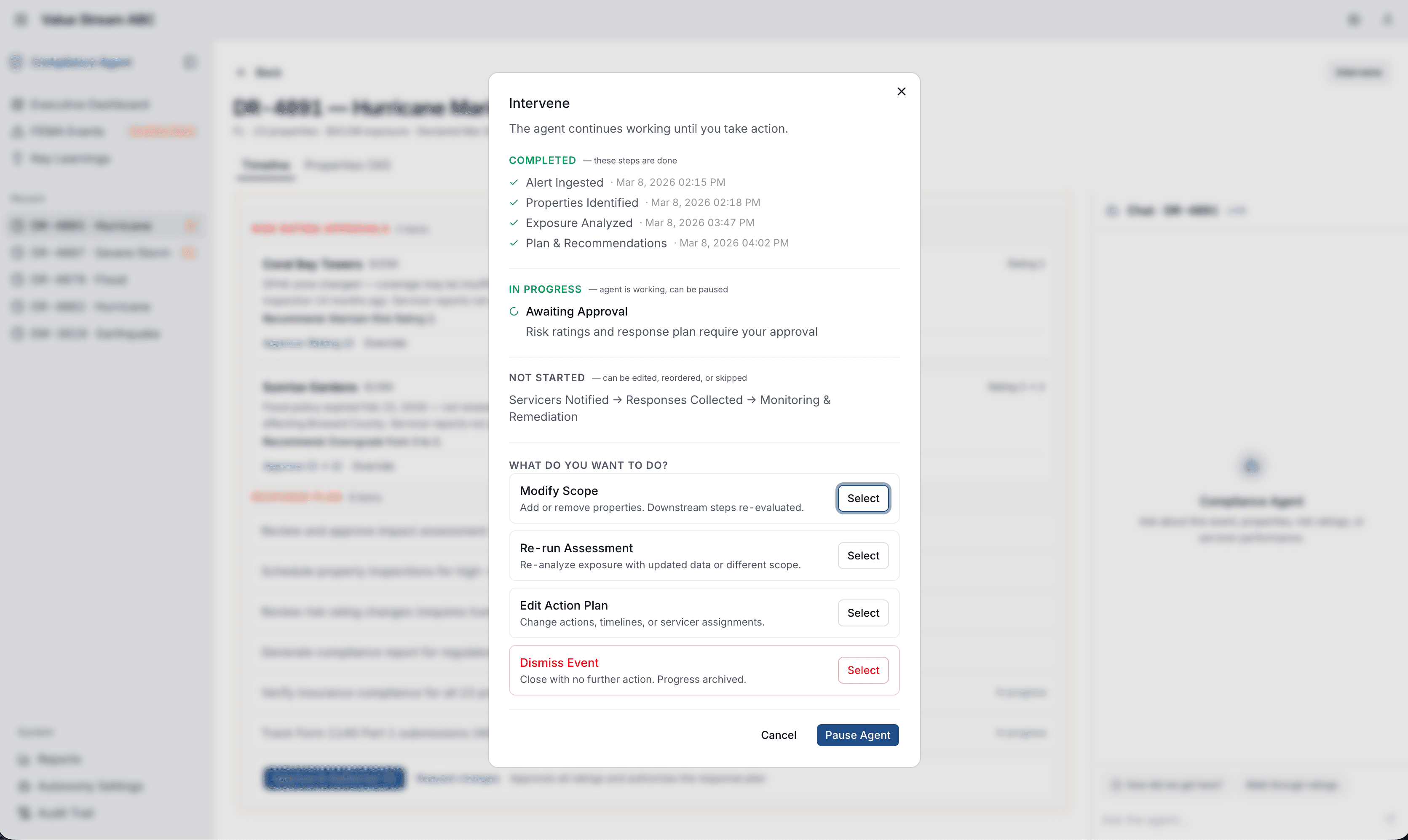 Intervene modal showing completed steps, in-progress work awaiting approval, and action options including Modify Scope, Re-run Assessment, Edit Action Plan, and Dismiss Event