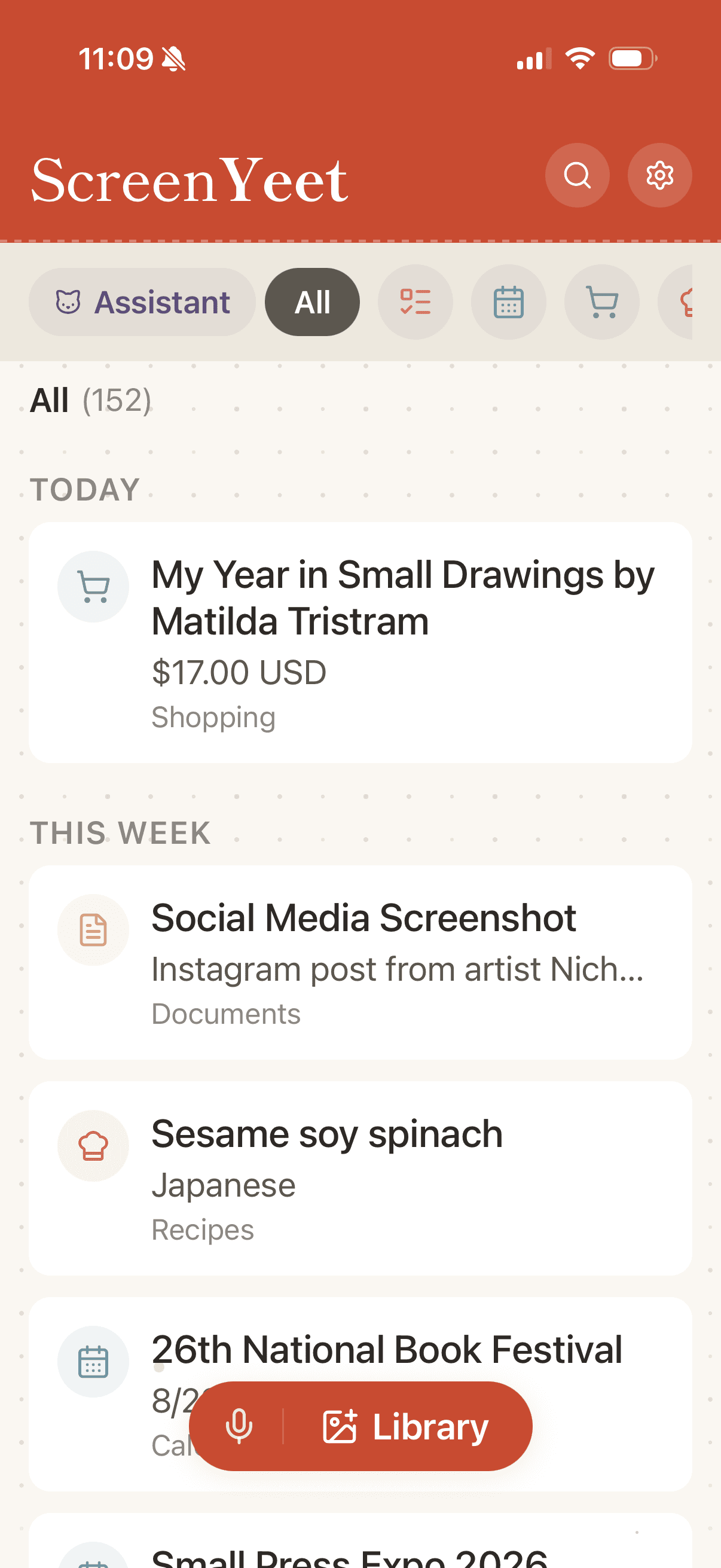 ScreenYeet All view - categorized library of 152 items sorted by date, showing Shopping, Documents, Recipes, and Calendar entries