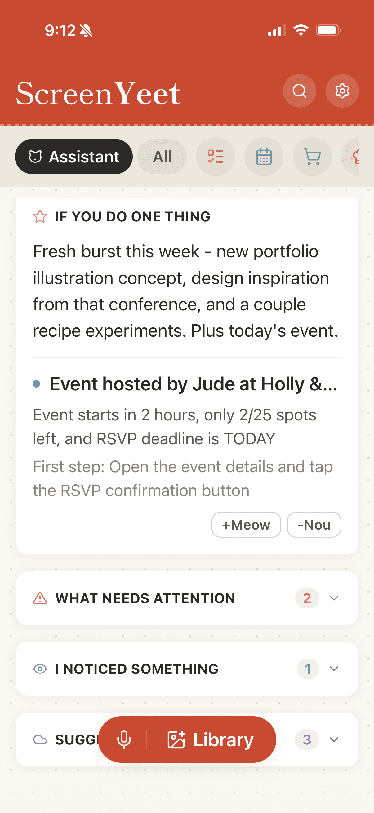 ScreenYeet Assistant 'If You Do One Thing' detail - event hosted by Jude with first step 'Open the event details and tap the RSVP confirmation button', followed by What Needs Attention and Suggestions sections