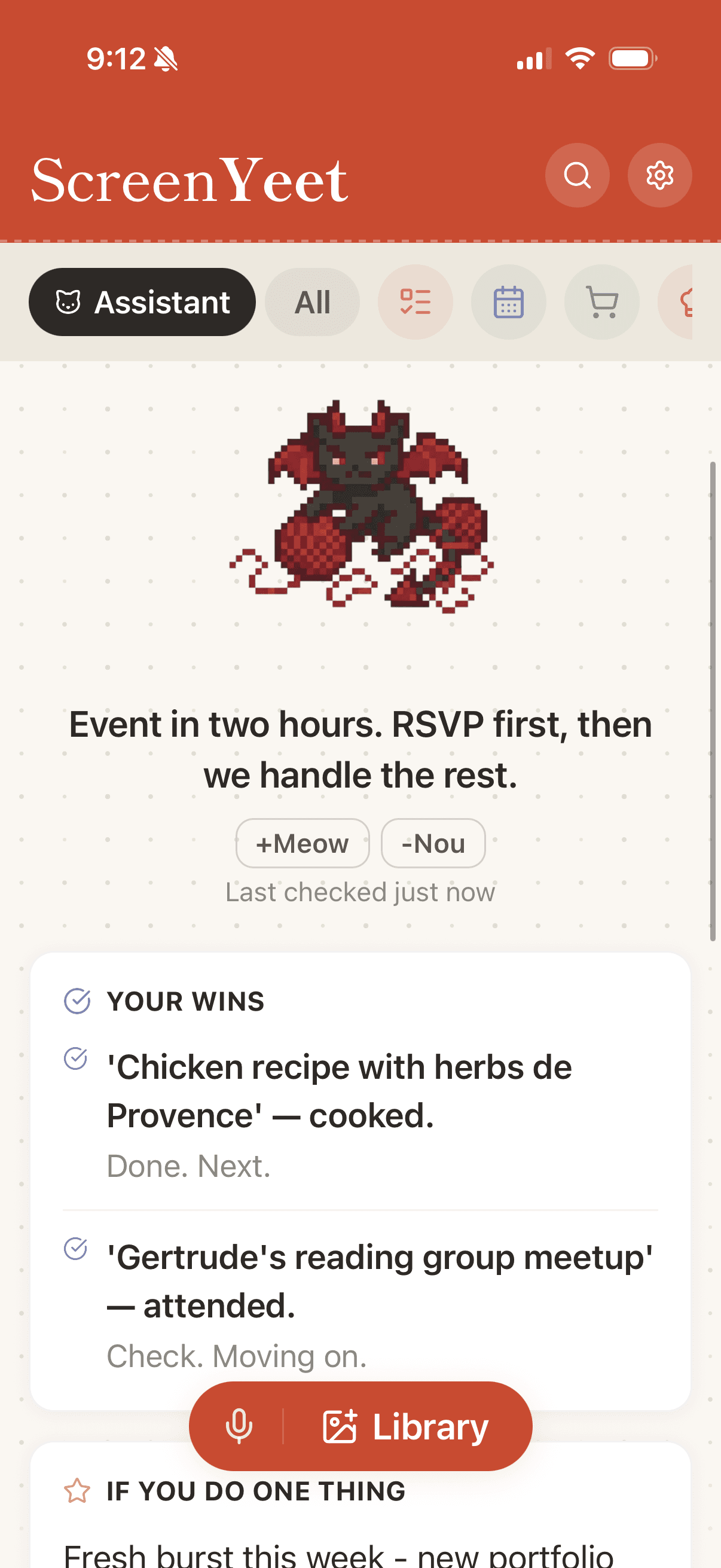 ScreenYeet Assistant view with red Yeet Cat mascot - 'Your Wins' lists a cooked recipe and an attended meetup