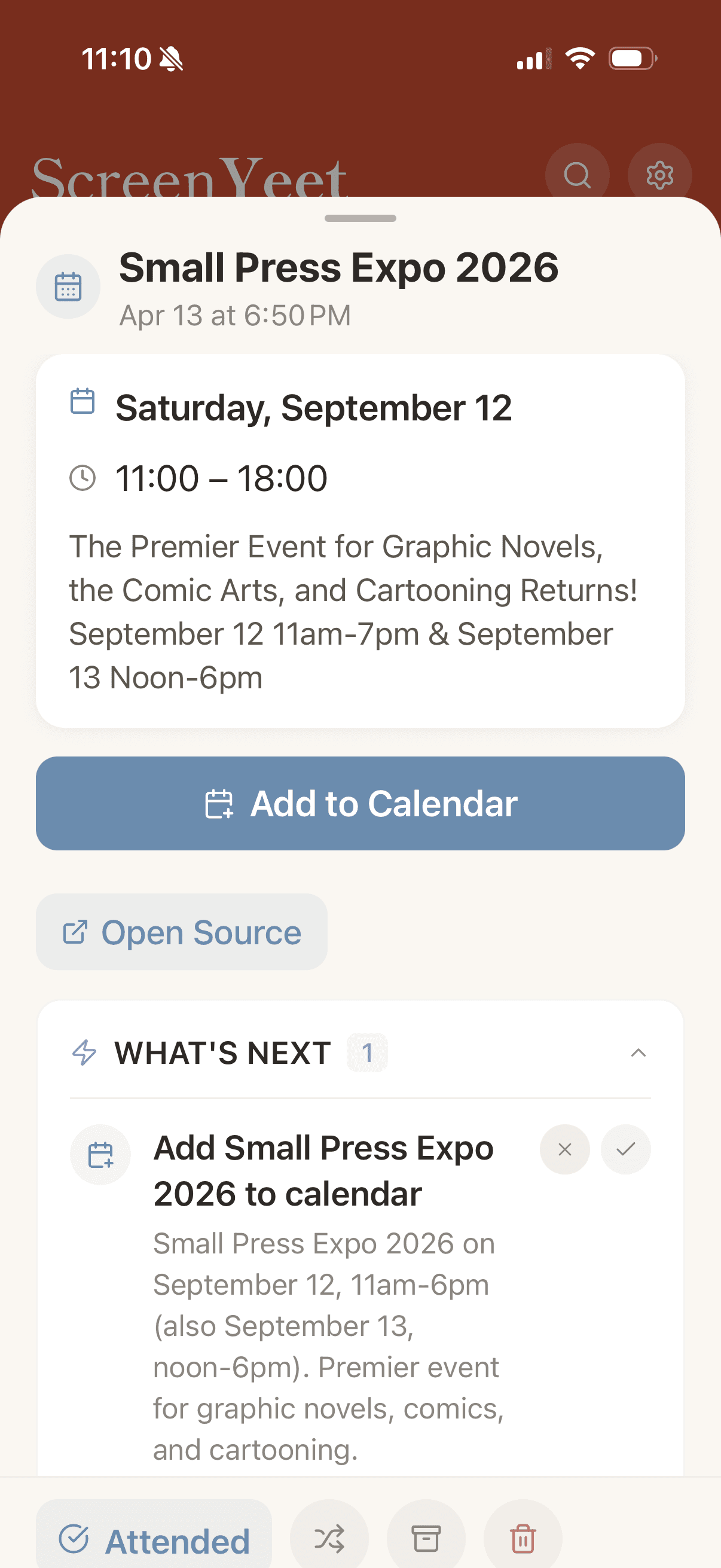 ScreenYeet calendar detail - Small Press Expo 2026 with Add to Calendar button and What's Next action step