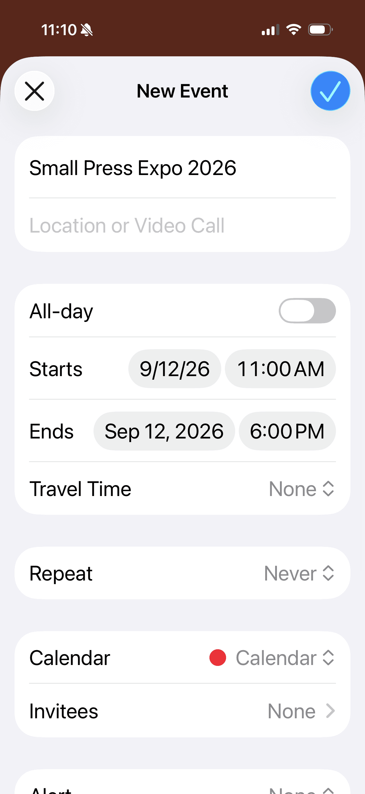 iOS Calendar New Event pre-filled with Small Press Expo 2026 details extracted by ScreenYeet