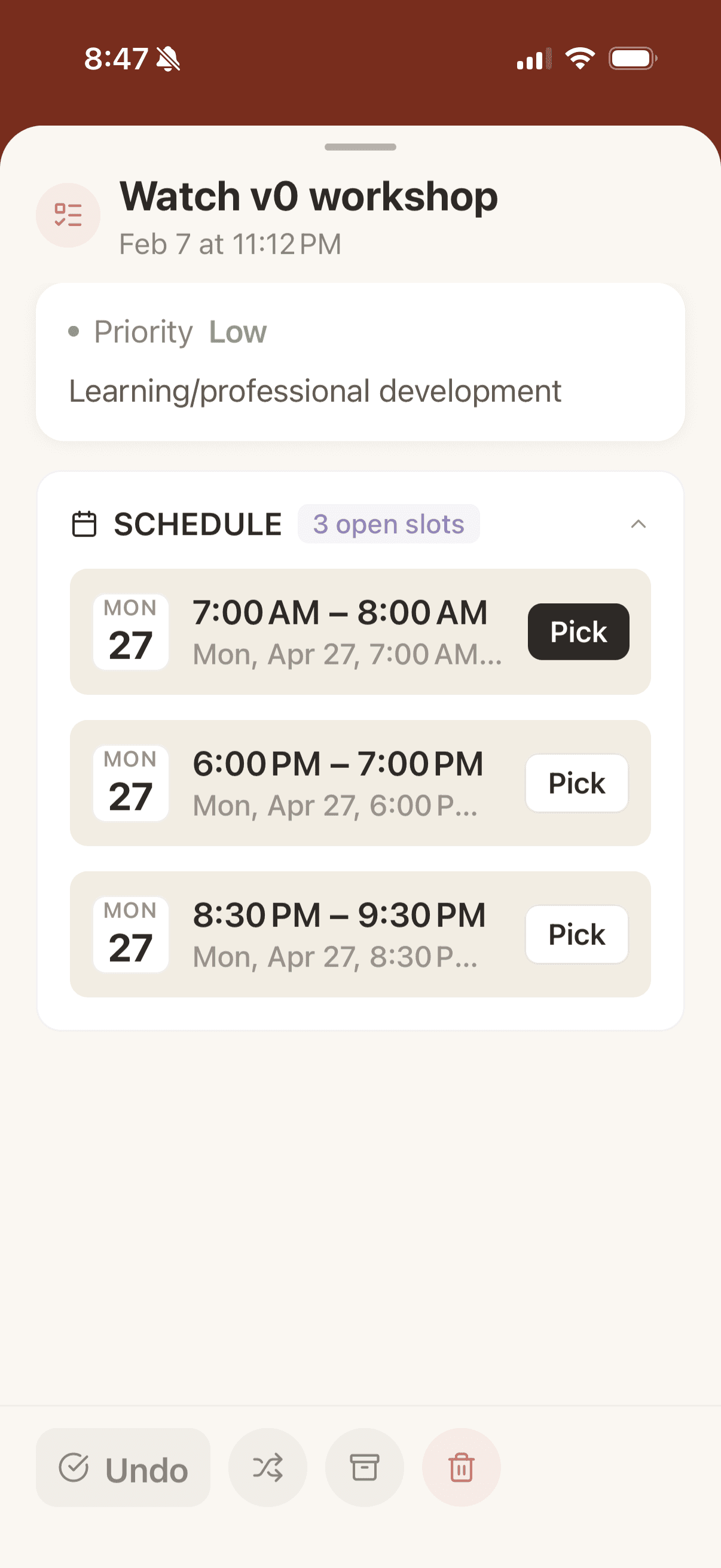 ScreenYeet schedule view for 'Watch v0 workshop' - three suggested time blocks with Pick buttons to drop the task into the user's calendar