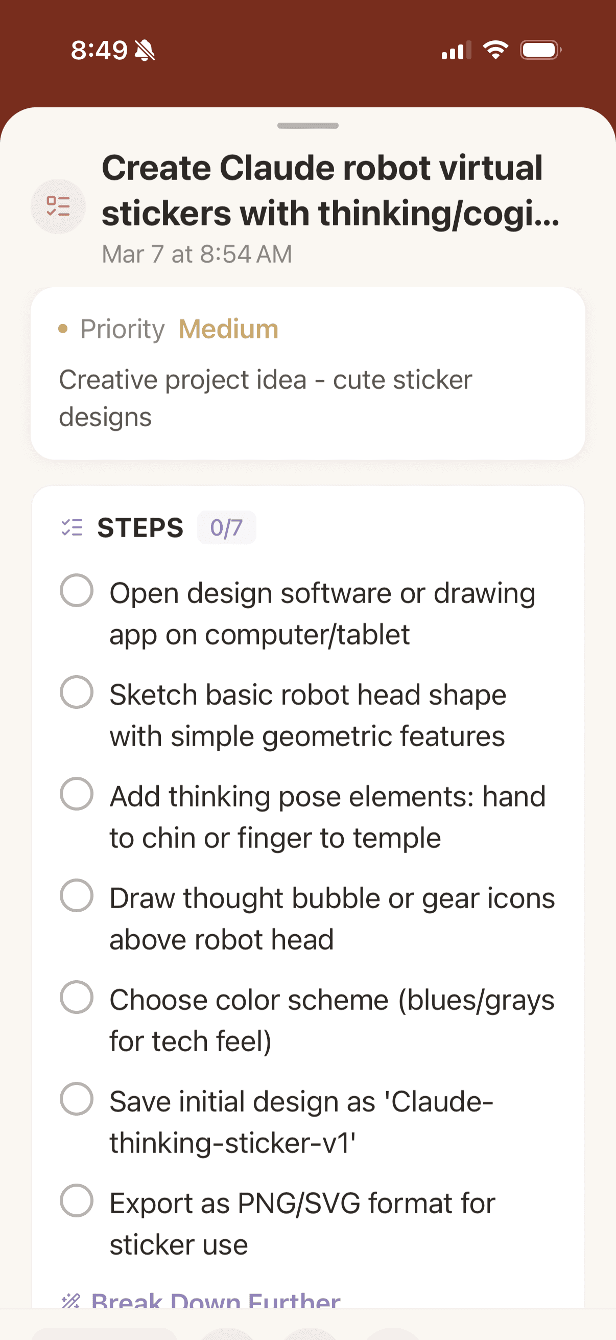 ScreenYeet steps view for 'Create Claude robot virtual stickers' - a 7-step checklist starting with 'Open design software or drawing app'